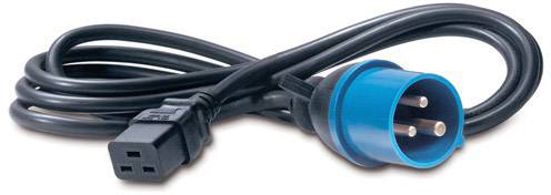 Ein schwarzes Stromkabel mit einem blauen Eurostecker und einem schwarzen IEC-Stecker.