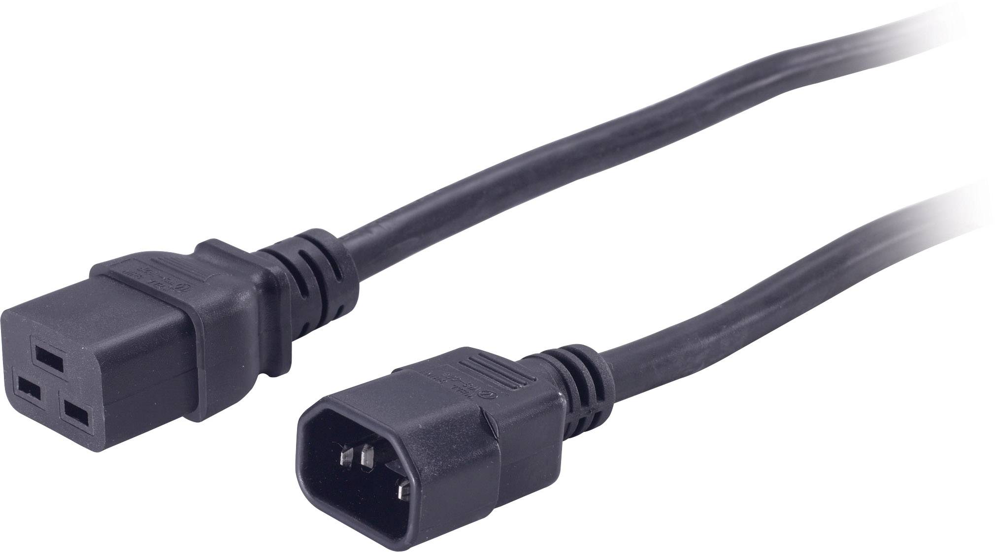 Ein schwarzes Netzkabel mit einem C13-Stecker auf der einen Seite und einem C14-Stecker auf der anderen, verwendet für Computer.