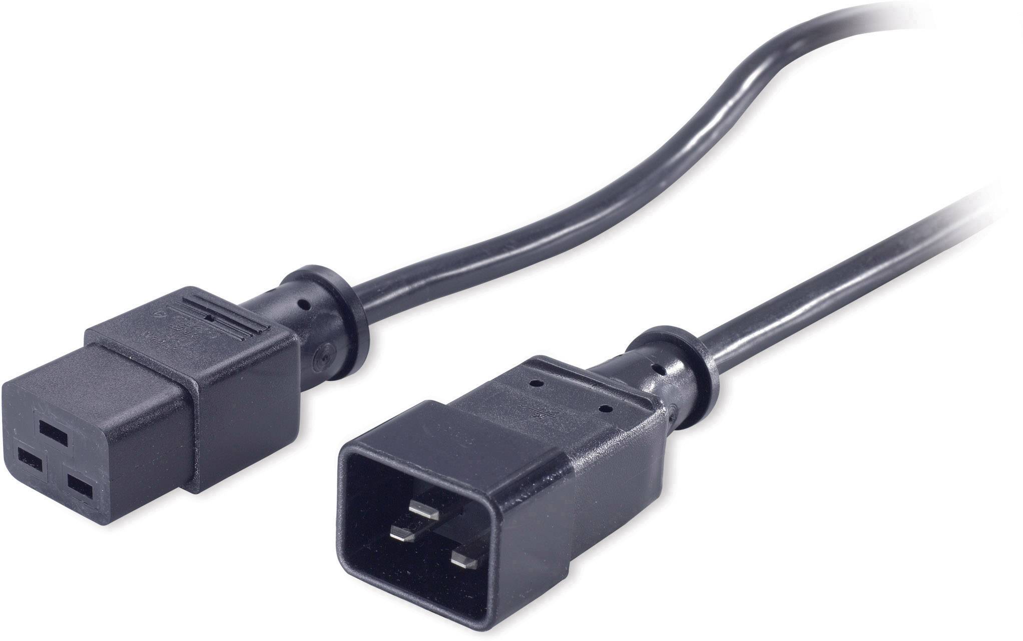 'Stromkabel mit zwei verschiedenen Steckertypen: links eine Buchse, rechts ein Stecker. Schwarz, nebeneinander liegend.'