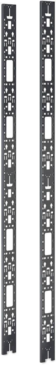 Zwei vertikale, schwarze Metallstreifen mit symmetrischen Aussparungen und Löchern, geeignet zur Montage in Server-Racks.