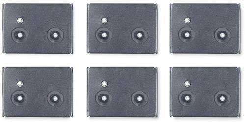 Sechs identische schwarze Platten mit jeweils zwei kleinen, silbernen Metallkugeln, symmetrisch angeordnet.