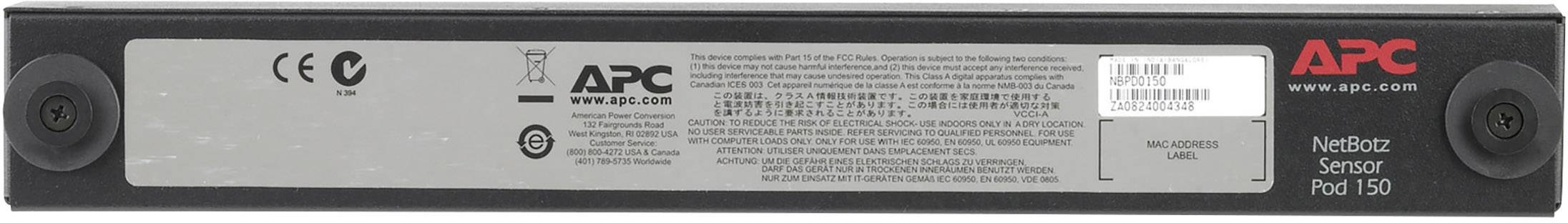 NetBotz Sensor Pod 120 von APC, schwarze rechteckige Form, zeigt Logos, Herstellerinformationen und Barcode auf der Oberseite.