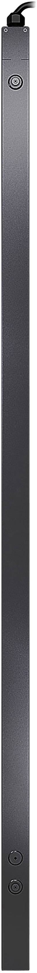 Schwarze vertikale Leiste oder Platte mit einer kleinen erhabenen ovalen Form oben und darunter einem dezenten, runden Symbol.