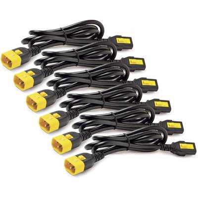 'Acht schwarze Netzkabel mit gelben Anschlüssen aufgereiht in zwei Reihen.'
