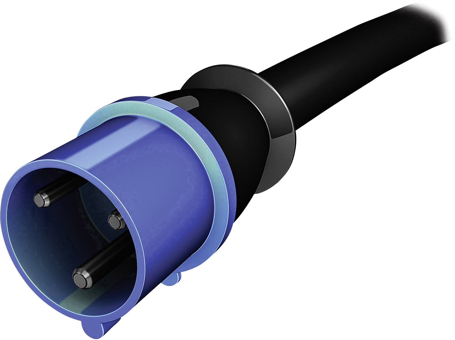 Blauer dreipoliger industrieller Stecker mit schwarzem Kabel. Geeignet für Anwendungen in der Elektrotechnik und Energieversorgung.
