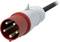 Ein roter, dreipoliger, industrieller Stecker mit Kabel.