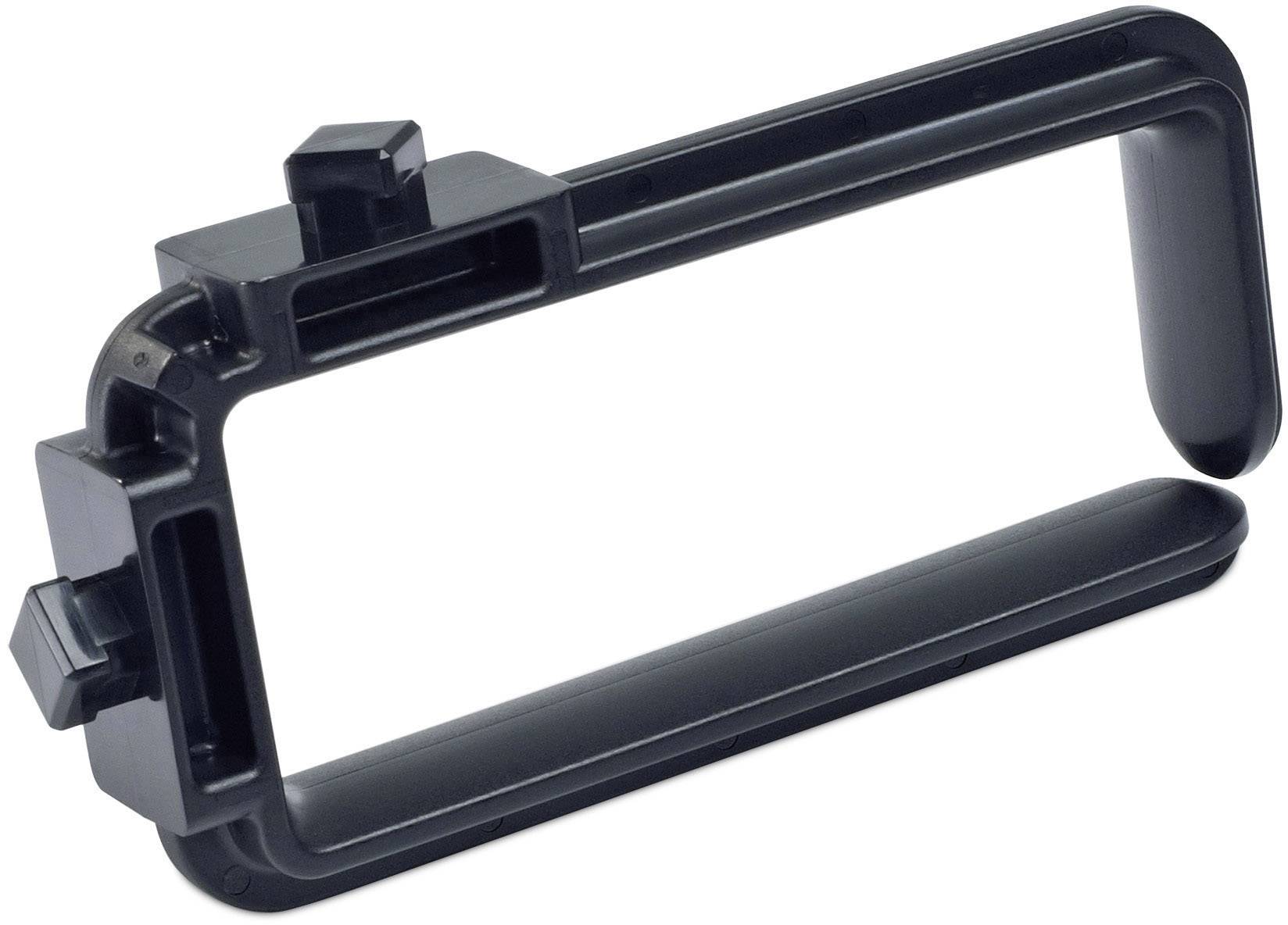 Ein schwarzer Kunststoffrahmen mit einem rechteckigen Hohlraum, wahrscheinlich ein Halter oder Einsatz für ein Gerät oder eine Montage.