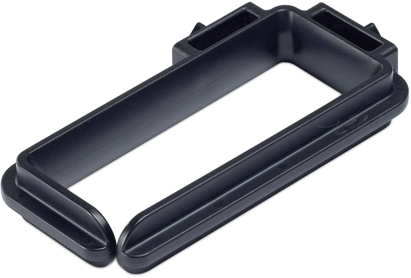 Schwarzes Kunststoffteil in rechteckiger Form mit abgerundeten Ecken, möglicherweise Teil eines Halters oder Gehäuses.