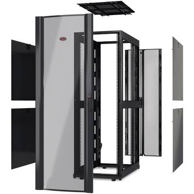 Schwarz-graues Server-Rack mit offenen und entfernbaren Seitenplatten, mittlere Höhe. Entworfen für IT-Hardware in Rechenzentren.