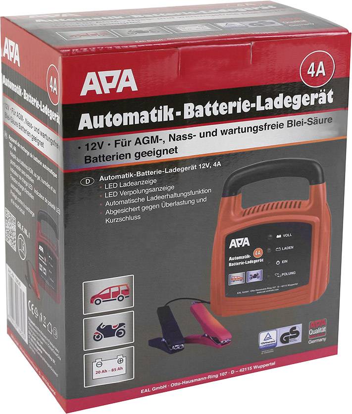 'APA Automatik-Batterie-Ladegerät 4A' in roter Verpackung. Geeignet für 12V AGM, Nass- und wartungsfreie Blei-Säure-Batterien. Enthält LED-Anzeige, Überlastungs- und Kurzschlussschutz.