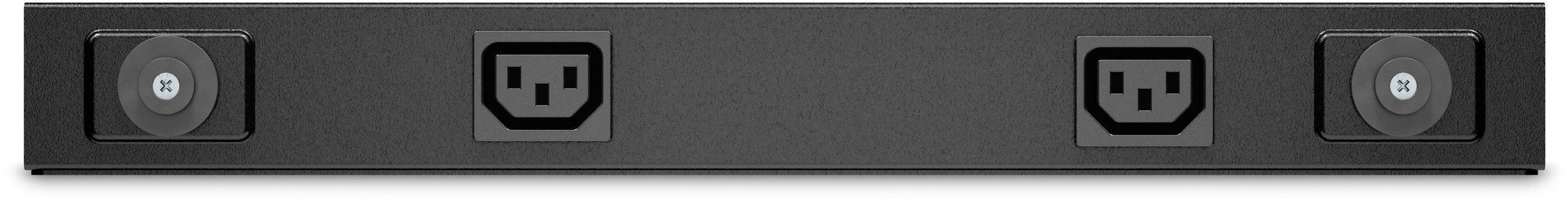 Schwarze Steckdosenleiste mit drei Steckdosen, gleichmäßig verteilt.