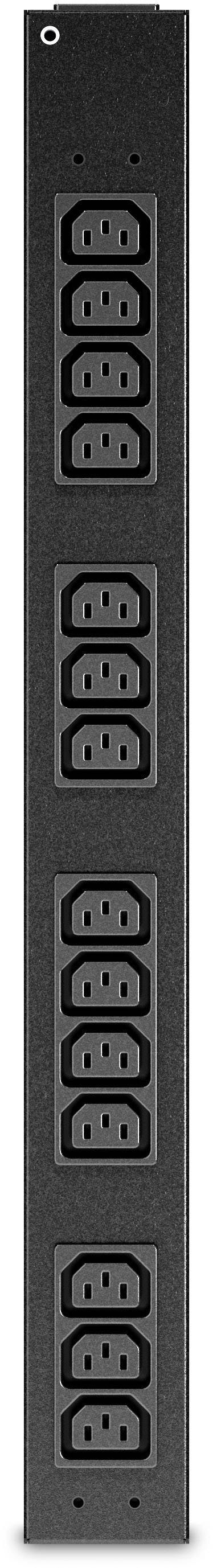 Eine vertikale Steckerleiste mit zwölf schwarzen Steckdosen in einreihiger Anordnung. Geeignet für Server-Rack-Montage.