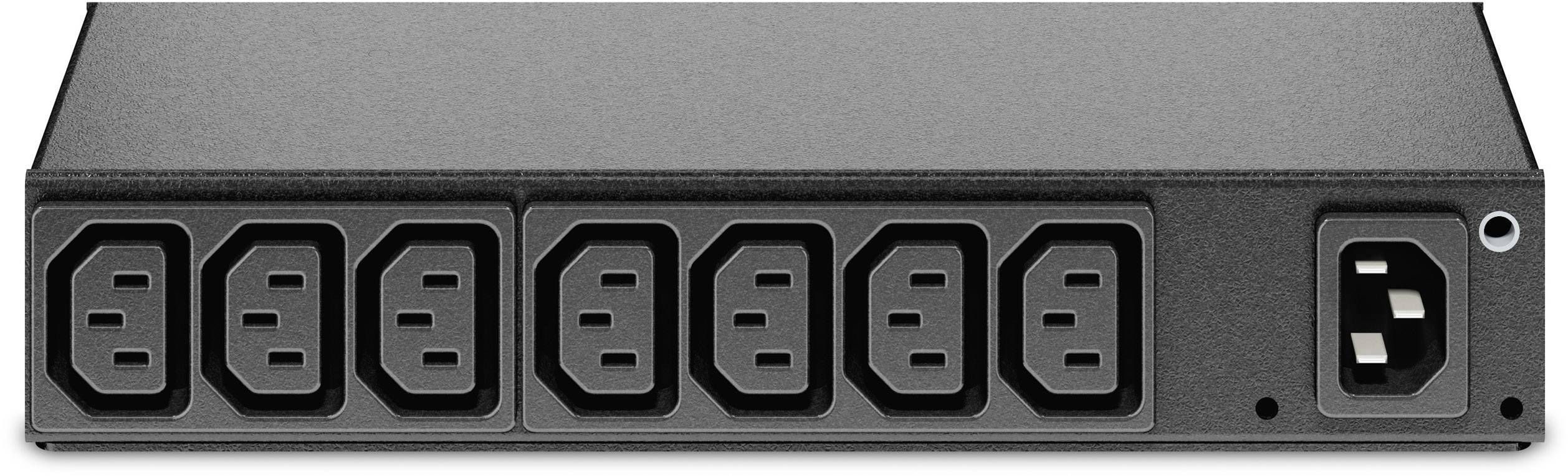 Ein schwarzes elektrisches Gerät mit mehreren IEC-Buchsen auf der Vorderseite zur Stromverteilung.