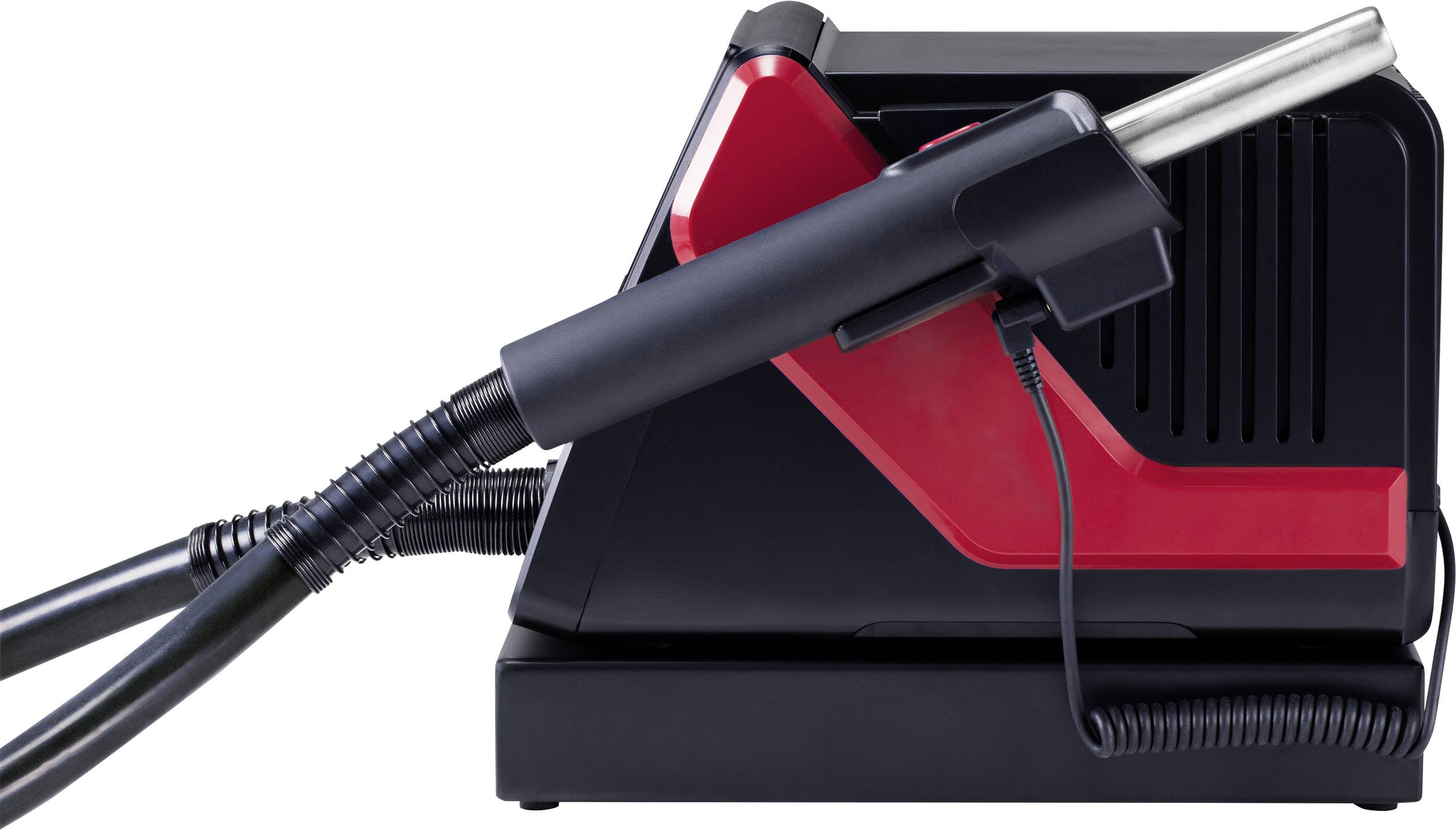 Ein schwarzes und rotes elektrisches Gerät mit Handgriff und Schlauch, wahrscheinlich ein Reinigungs- oder Haushaltsgerät.