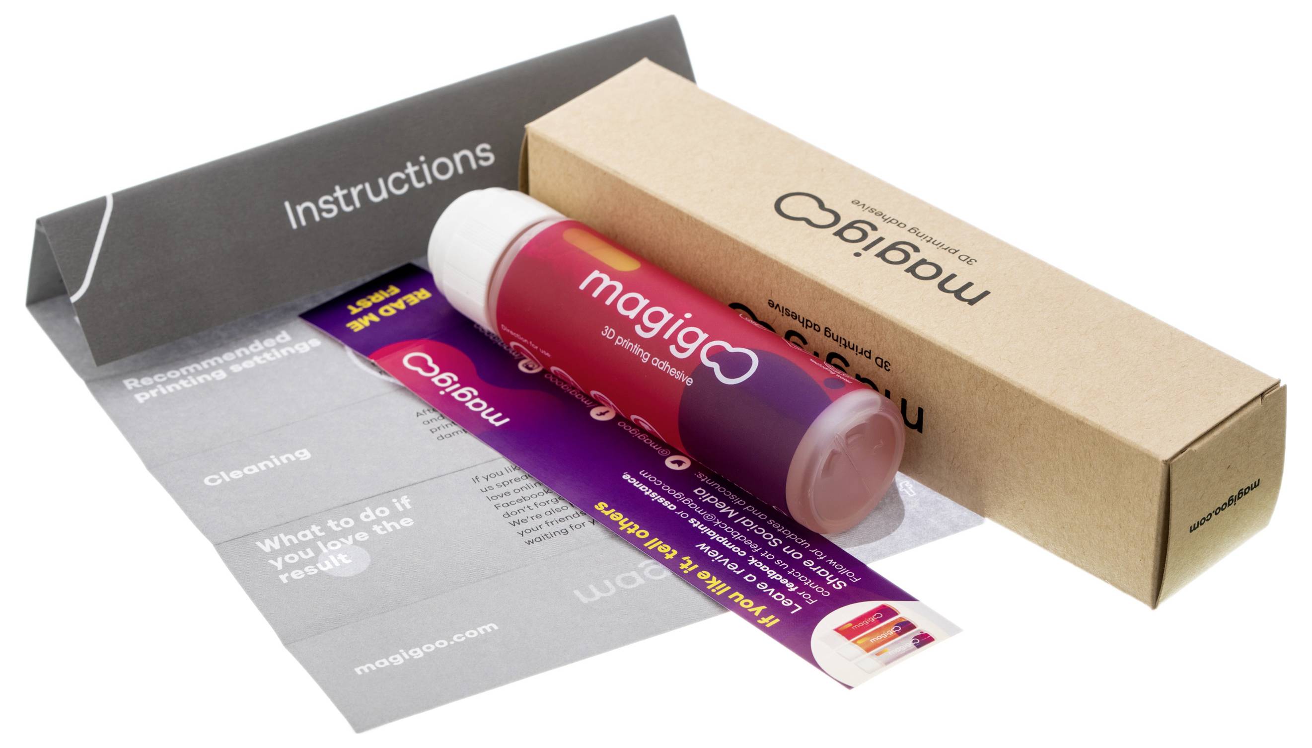 Eine rote Magigoo-Flasche mit Verpackung und Gebrauchsanweisung auf weißem Hintergrund.