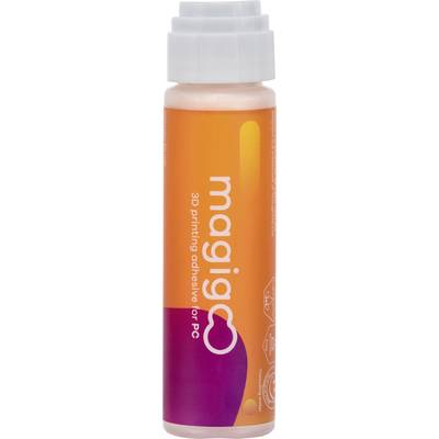 Flasche mit orangenem Etikett, Aufschrift 'magigoo', Klebstoff für 3D-Druck auf PC.