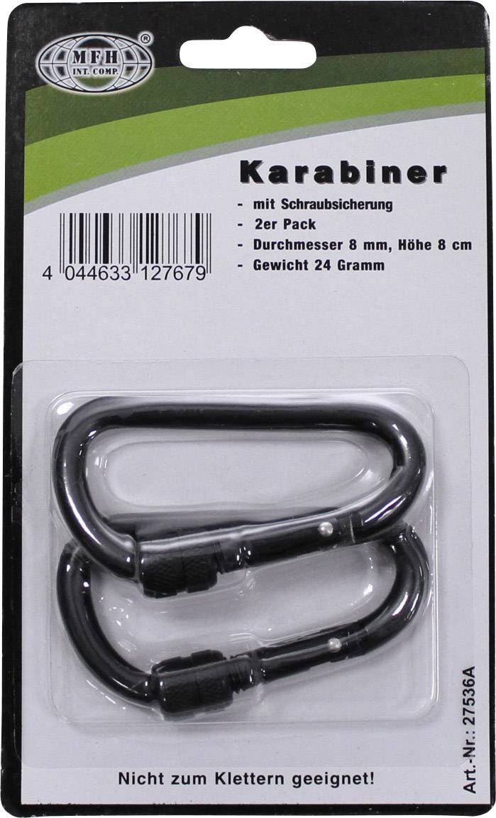 Verpackung von zwei schwarzen Karabinern mit Schraubsicherung, Durchmesser 8 mm, Höhe 8 cm, Gewicht 24 Gramm. Nicht zum Klettern geeignet.