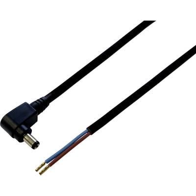 Ein schwarzes Stromkabel mit einem DC-Stecker auf der einen Seite und abisolierten roten und blauen Drähten auf der anderen Seite.