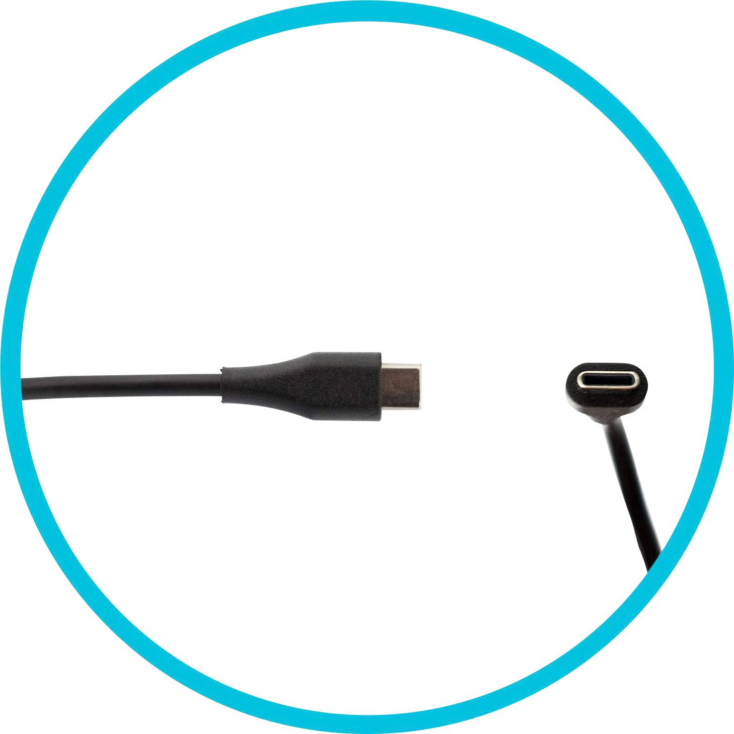 Ein schwarzes USB-C-Kabel mit blauem kreisförmigem Rahmen.