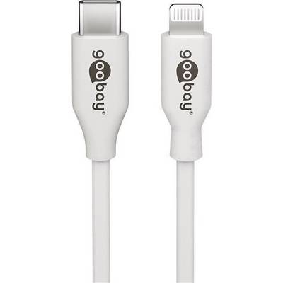 Zwei weiße Kabel mit den Aufschriften 'goobay', links ein USB-C-Anschluss, rechts ein Lightning-Anschluss.