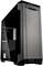 Schwarzes Computergehäuse mit Glasfenster, zeigt interne Fächer und Lüfterplätze, geeignet für leistungsstarke PC-Builds.