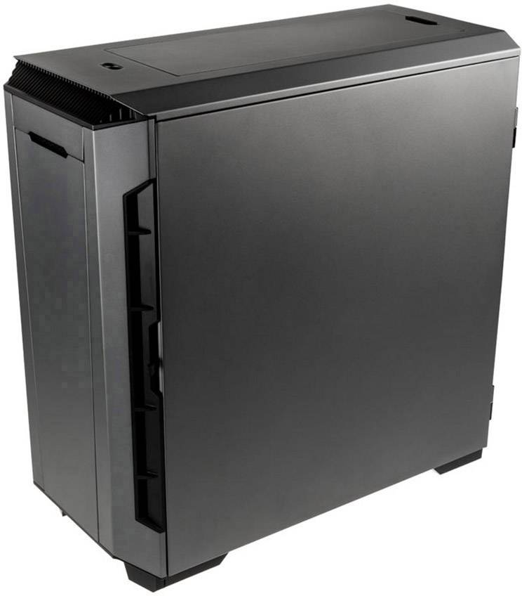 Schwarzes Computergehäuse aus Metall, aufrecht stehend mit klaren, minimalistischen Linien, ohne sichtbare Anschlüsse oder Knöpfe.