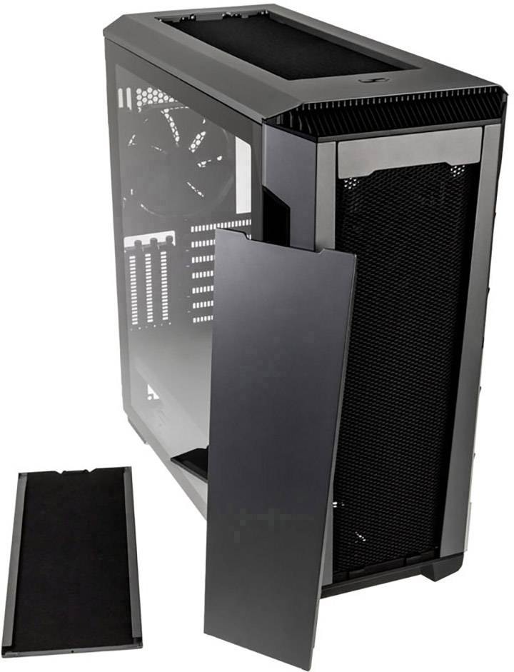Schwarzes Computergehäuse mit abgenommener Front- und Seitenklappe, zeigt Lüfterposition und Innenstruktur.
