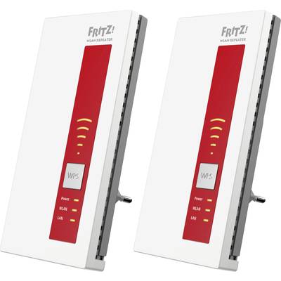 Zwei weiße WLAN-Repeater mit roten Akzenten und 'FRITZ!' Logo, geeignet zur Verstärkung des WLAN-Signals. Zeigen Power-, WLAN- und LAN-Statusleuchten.