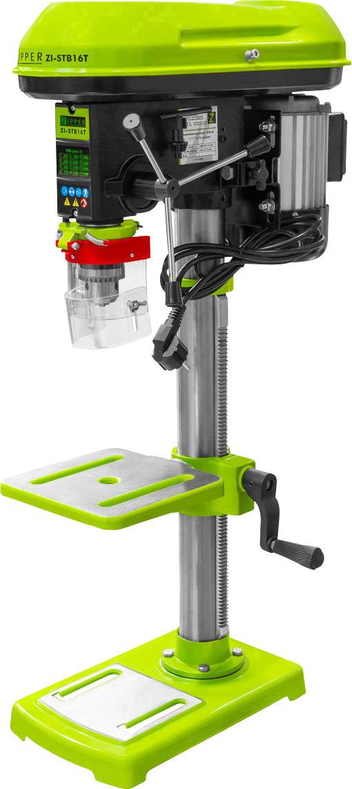 Eine grüne Standbohrmaschine mit Handkurbel, Bohrtisch und Sicherheitsabdeckung, geeignet für präzise Bohrarbeiten.