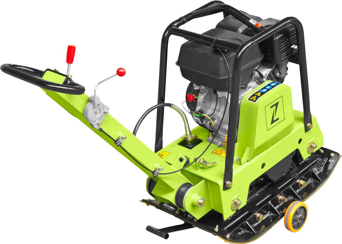 Eine grüne Rüttelplatte mit schwarzem Motor und Steuerhebel. Sie ist für den Einsatz im Bau- oder Landschaftsbau geeignet.