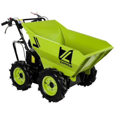 Grüner Zipper Motor-Schubkarre mit vier großen, stacheligen Rädern und einem ergonomischen Lenker, geeignet für schwere Lasten.
