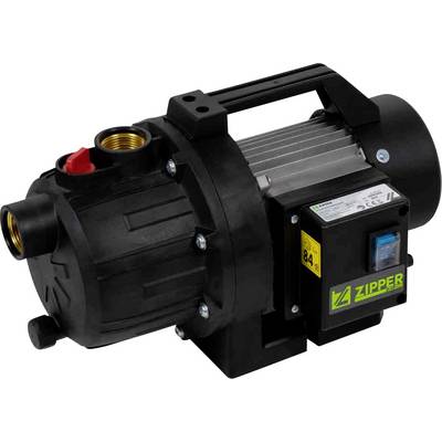 Schwarze elektrische Wasserpumpe mit Griff, Messingein- und -ausgangsanschlüssen und ZIPPER-Motorgehäuse auf weißem Hintergrund.