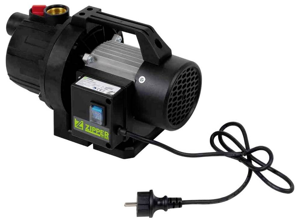 Schwarze elektrische Wasserpumpe mit Griff, Stromkabel und Stecker, auf weißem Hintergrund mit ZIPPER-Branding dargestellt.