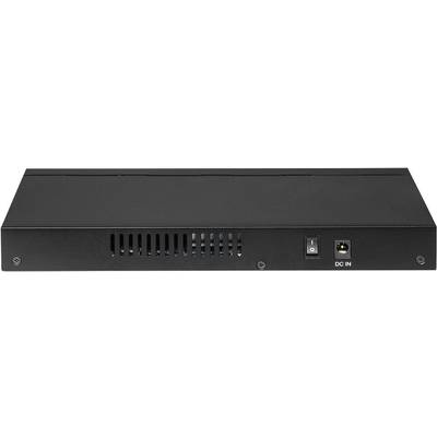 Schwarzes elektronisches Gerät mit Lüftungsschlitzen, Netzschalter und DC-Eingang auf der Rückseite. Batteriebetriebener Anschluss erkennbar.
