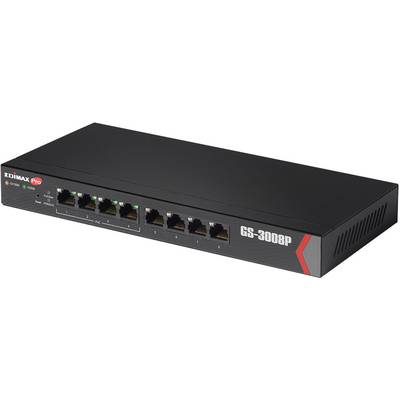 Ein schwarzer Netzwerk-Switch 'EDIMAX GS-3008P' mit acht Ethernet-Ports und Status-LEDs auf der Vorderseite.