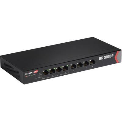 Ein schwarzer Netzwerkswitch mit acht Ethernet-Ports, Modell 'GS-3008P' von Edimax Pro.