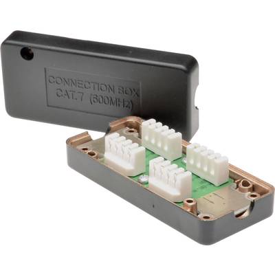 'Verbindungsbox CAT.7 (600MHZ)' geöffnet mit sichtbaren Anschlussklemmen und Platine, Gehäusedeckel daneben.