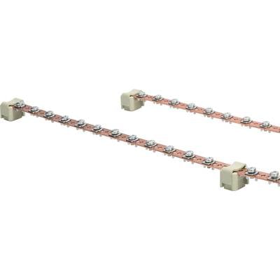 Eine Kupferschiene mit Montagestützen, bestehend aus einer Reihe miteinander verbundener Metallelemente, zur Stromverteilung geeignet.