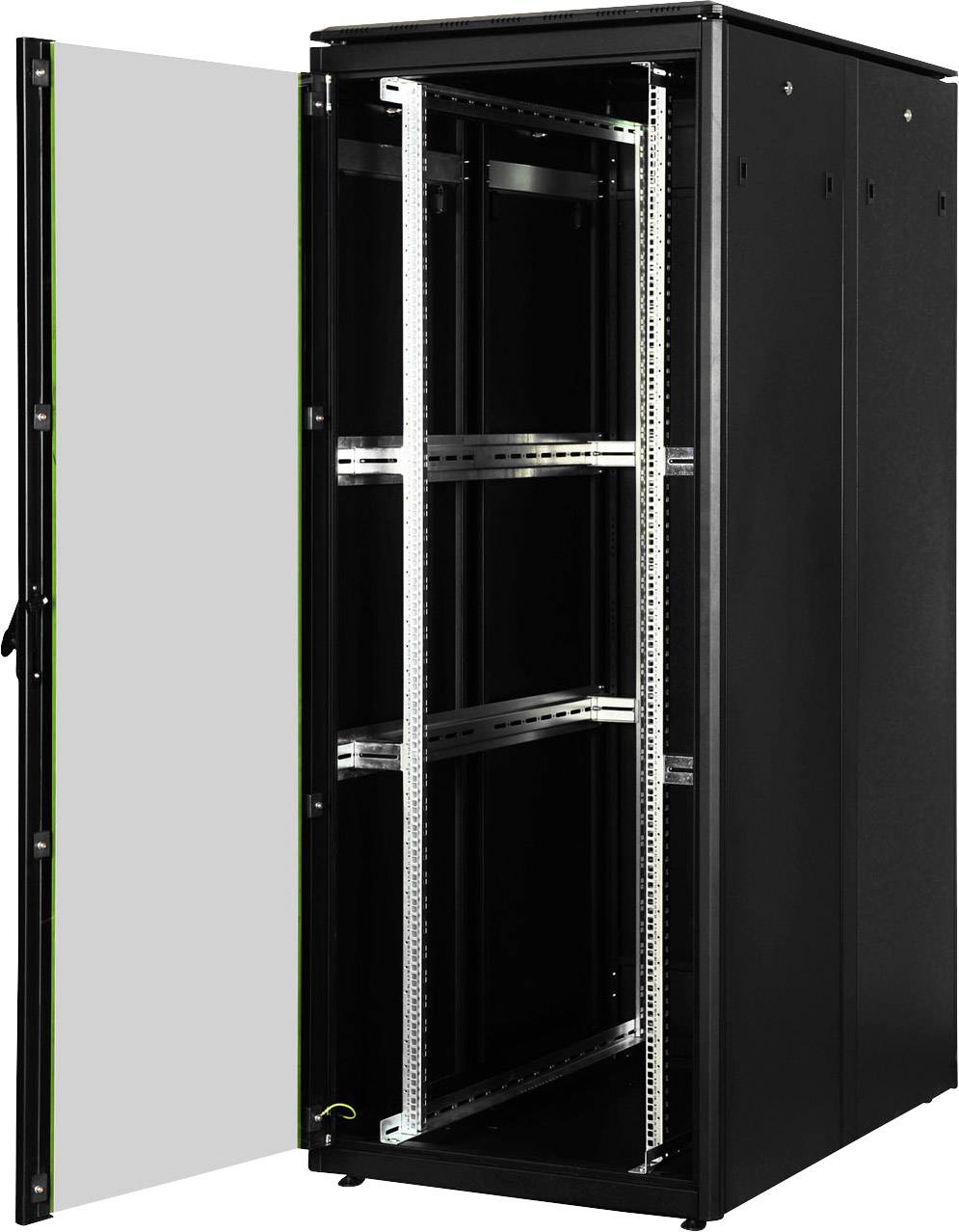Schwarzer Serverrack mit geöffneter Tür. Innen sind mehrere leere Regalebenen für die Montage von IT-Hardware sichtbar.