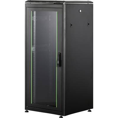 Ein schwarzer Server-Rackschrank mit Glastür, vertikaler grüner Linie an der Tür, steht aufrecht, geeignet für Netzwerkgeräte.