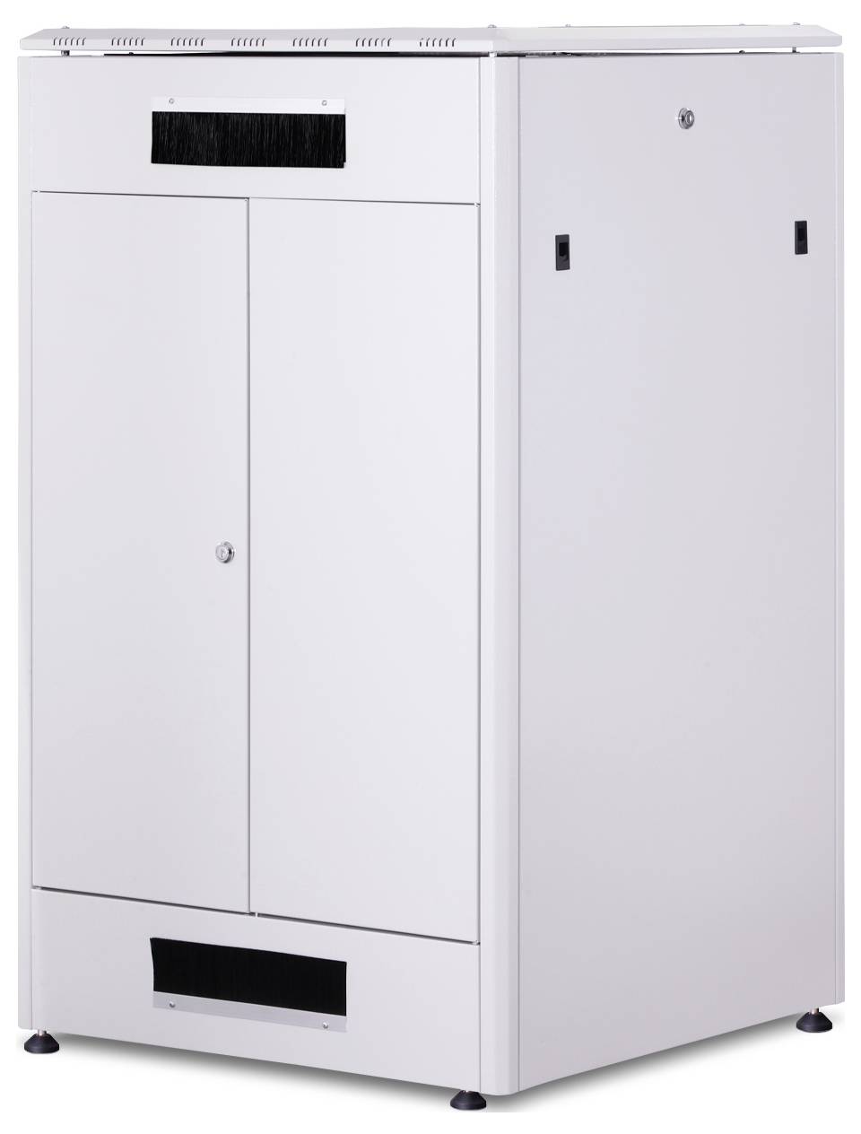 Ein grauer, rechteckiger Schrank mit einer Tür in der Mitte und Lüftungsschlitzen. Auf drei kleinen schwarzen Füßen stehend.