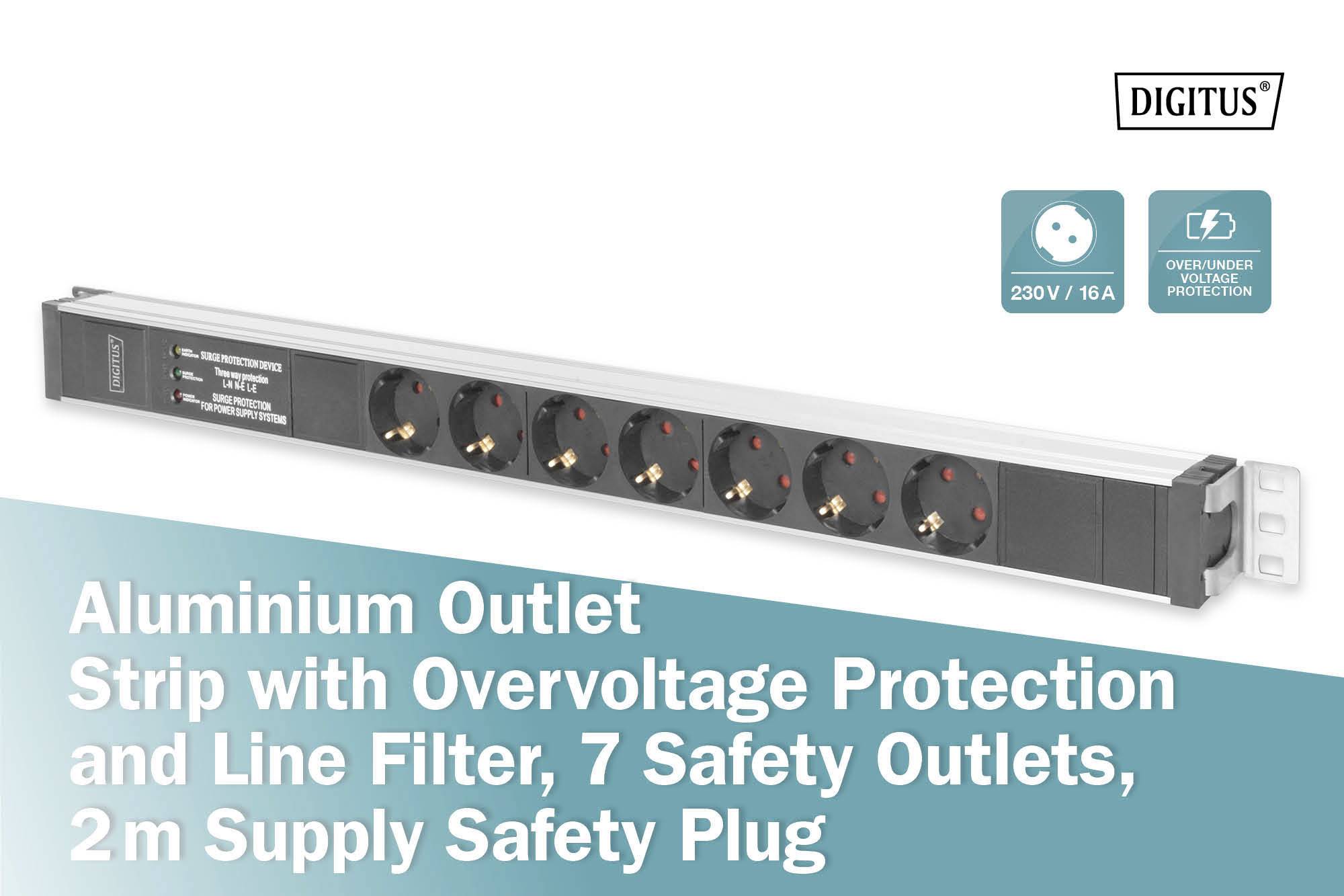 'Aluminium Steckdosenleiste mit Überspannungsschutz, 7 Sicherheitssteckdosen, 2m Sicherheitsschuko-Stecker, 230V/16A.'