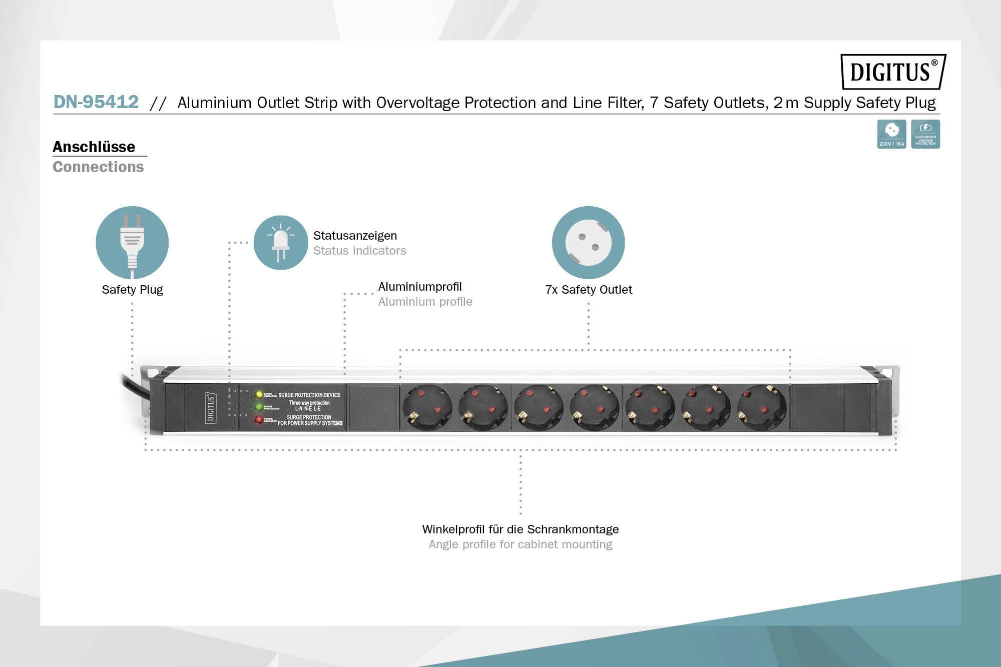 'Aluminium-Steckdosenleiste mit Überspannungsschutz, 7 Steckdosen und 2 m Kabel. Statusanzeigen für Überspannungsschutz und Erdung.'