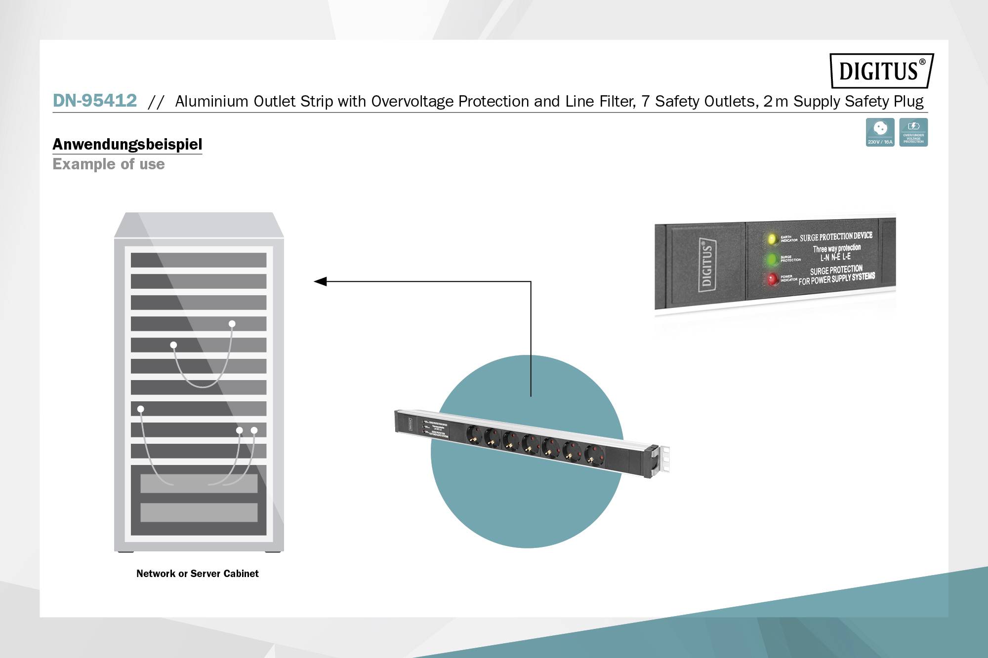 'Abbildung des Netzwerktechnik-Geräts zur Verwendung in einem Server-Schrank mit einem Screenshot über die Sicherheitsmerkmale.'