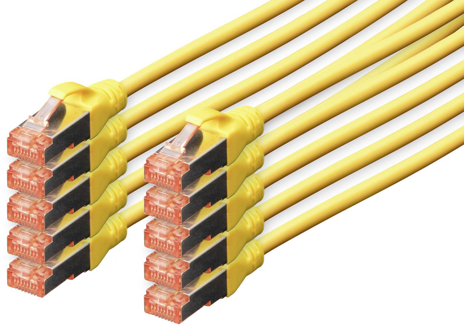 Acht gelbe Ethernet-Kabel nebeneinander mit roten Steckern. Sie sind parallel angeordnet und symbolisieren Vernetzung oder Konnektivität.