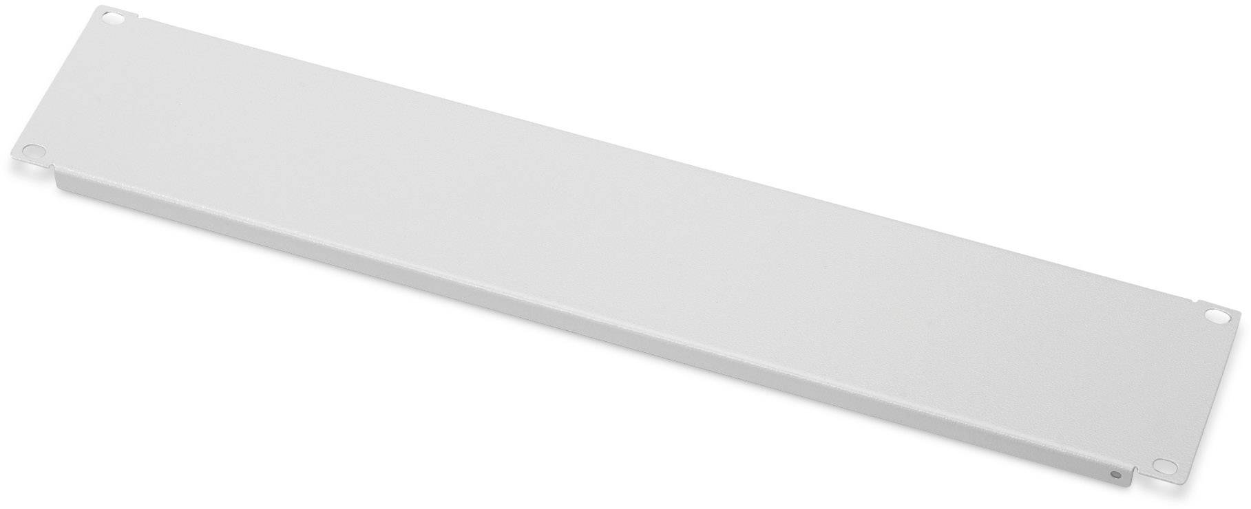 Eine graue, rechteckige Metallplatte mit vier Bohrungen in den Ecken, wahrscheinlich als Abdeckung oder Befestigungselement verwendet.