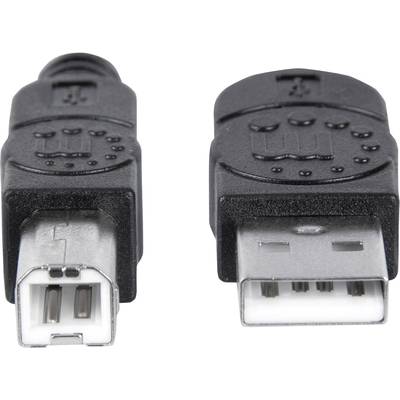 Zwei USB-Stecker, links ein typisches rechteckiges USB-A-Steckerdesign, rechts ein quadratischer USB-B-Stecker, beide in Schwarz.