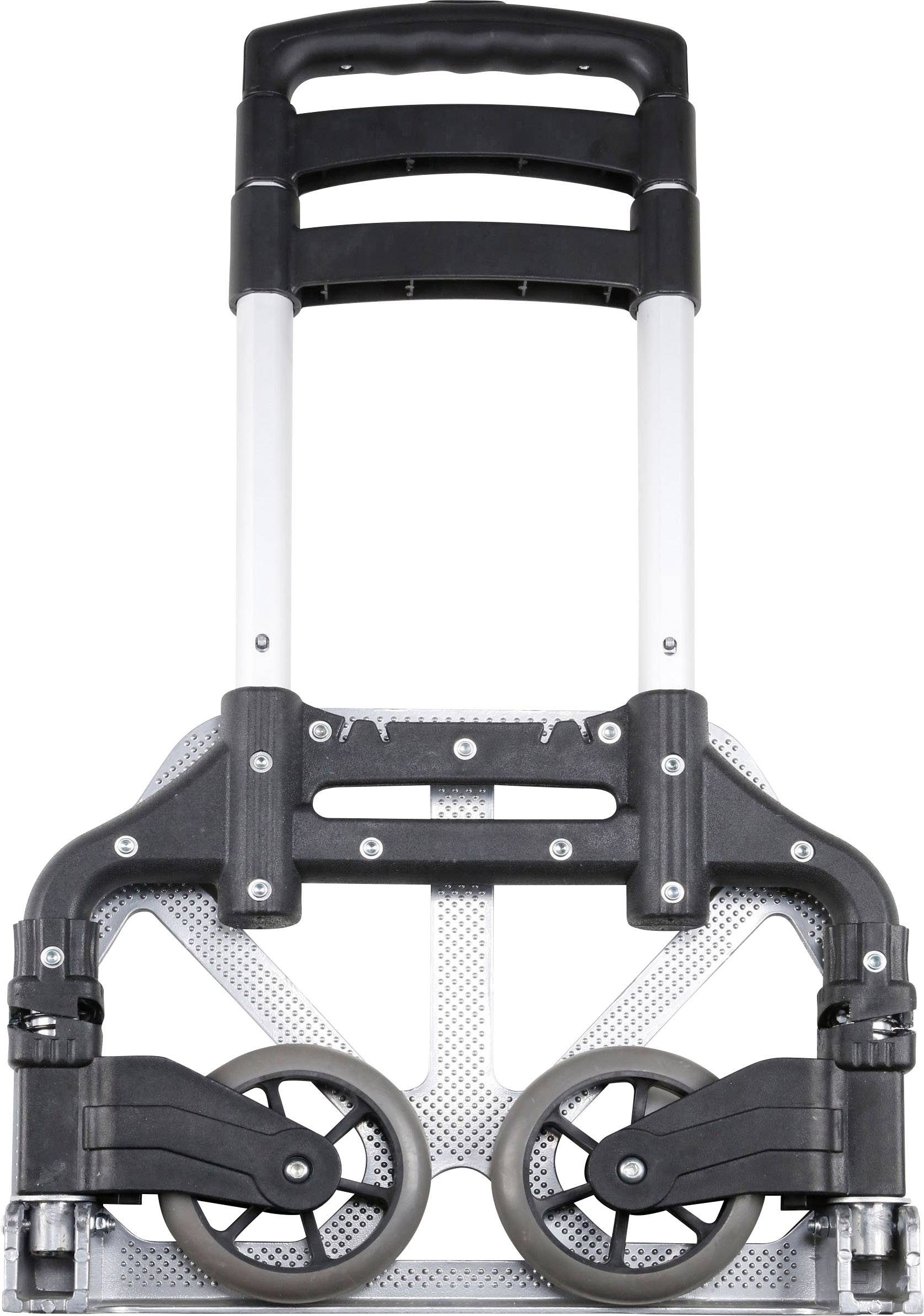 Zusammenklappbarer Sackkarren mit zwei Rädern und Teleskop-Griff. Geeignet zum einfachen Transport von schweren Gegenständen.