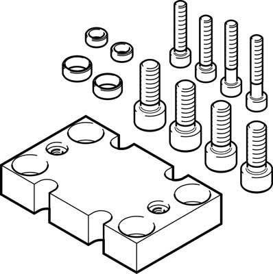 Zeichnung eines Befestigungssatzes mit Schrauben, Muttern und einer Befestigungsplatte. Komponenten zur mechanischen Verbindung.