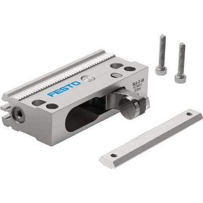 Grauer, rechteckiger Pneumatikzylinder von Festo mit zwei Schrauben und einer Metallleiste, verwendet in industriellen Anwendungen.